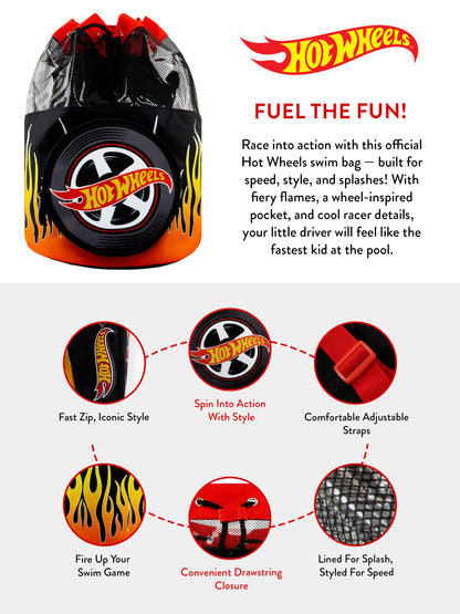 Hot Wheels Boys Swim Bag, Boys Swimming Bag For Summer, Drawstring Bags For Children, Official Merchandise, One Size Black