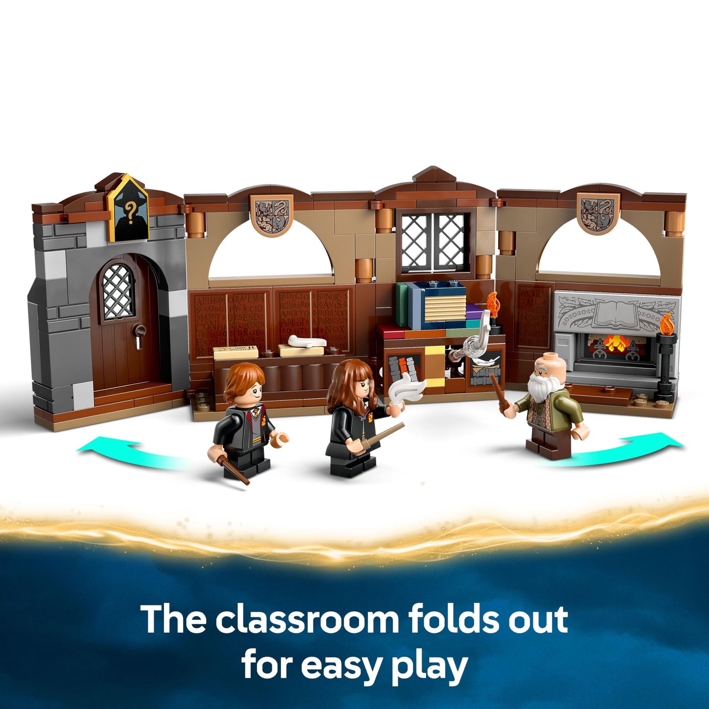 LEGO Harry Potter Hogwarts Castle Charms Class set with Hermione and Ron minifigures and Wingardium Leviosa function.