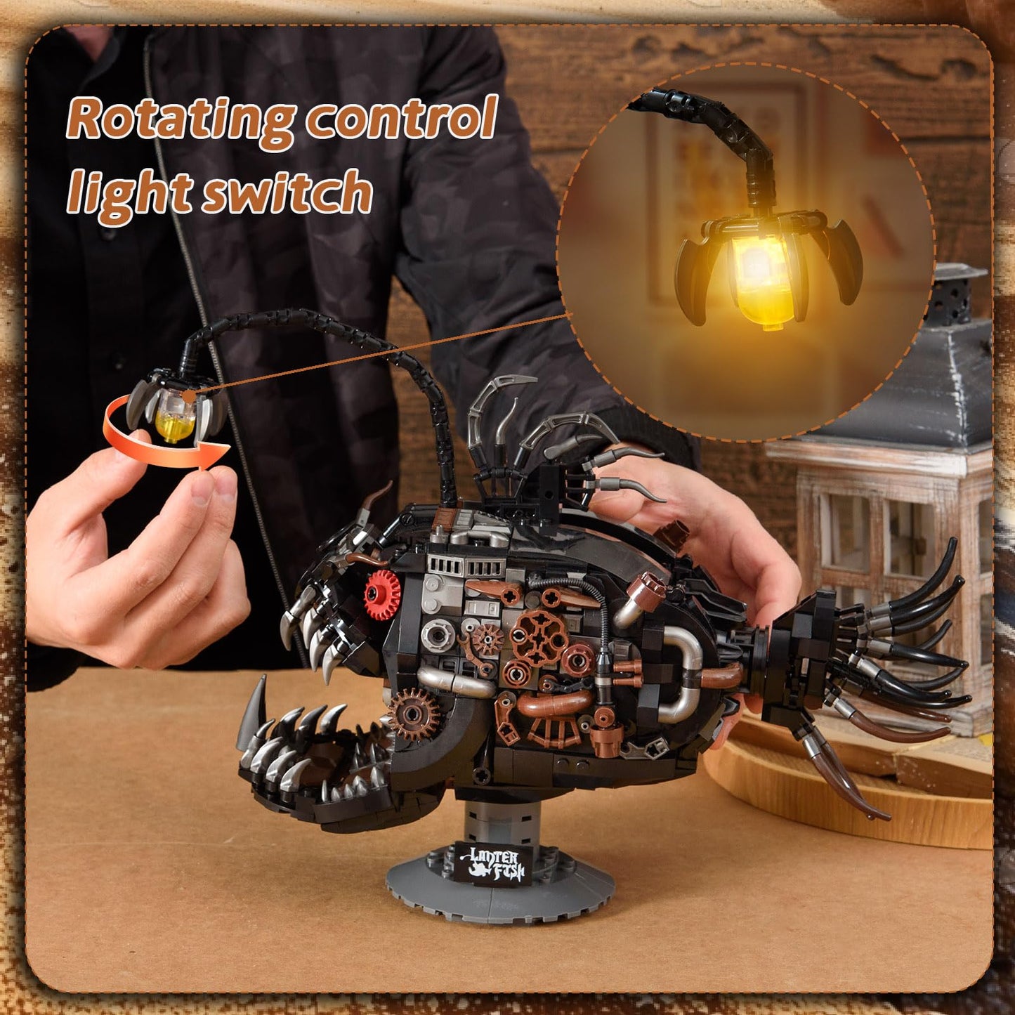 Mechanical Lantern Fish Building Block Set,Ocean Animals Decor Collection Toy Compatible with Lego Sets,Birthday Gift for Adults Girls and Boys 7-14 (1038PCS with LED)