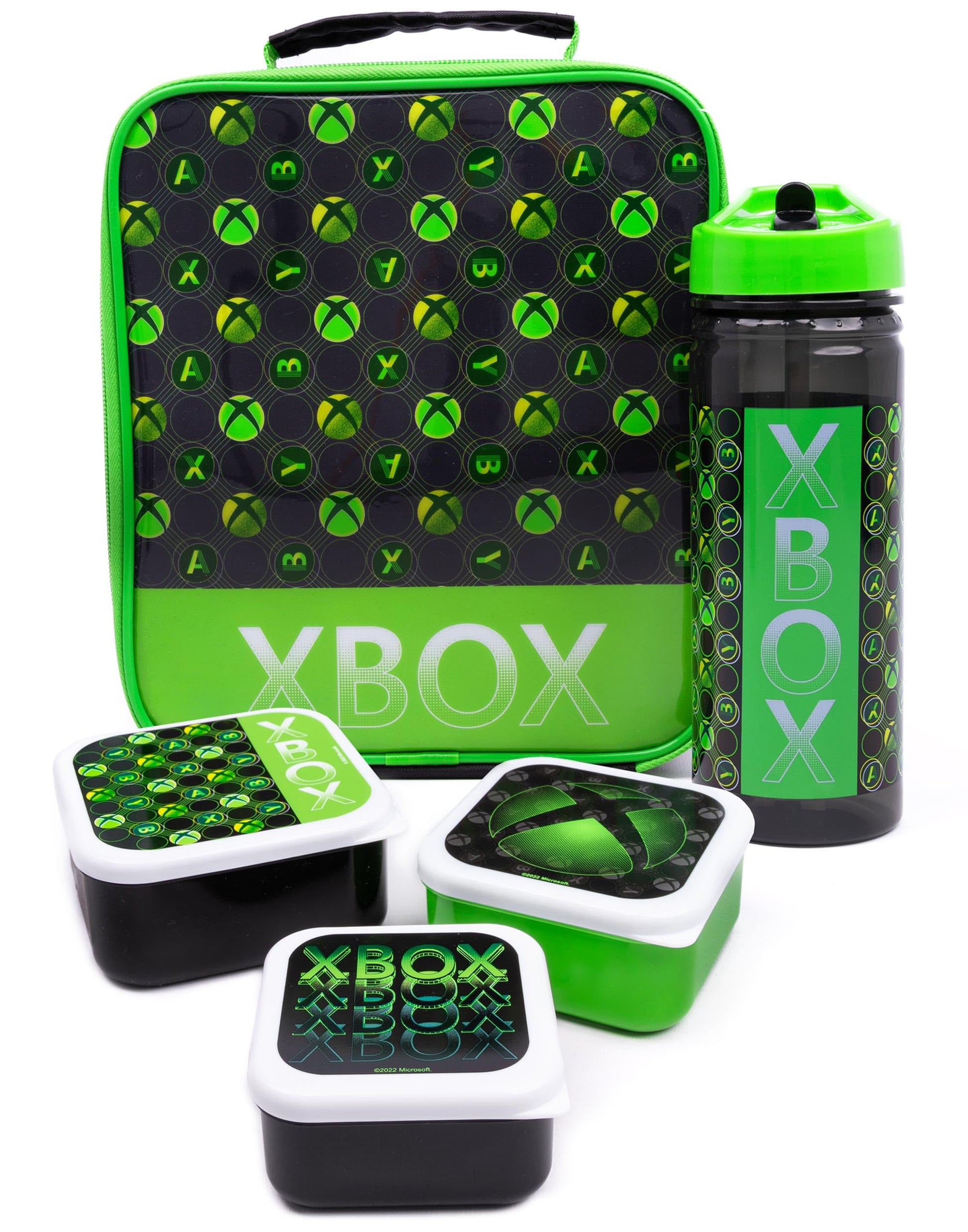 Green Xbox lunch bag for kids with game controller logo, includes water bottle and snack pots for school lunch and snacks.