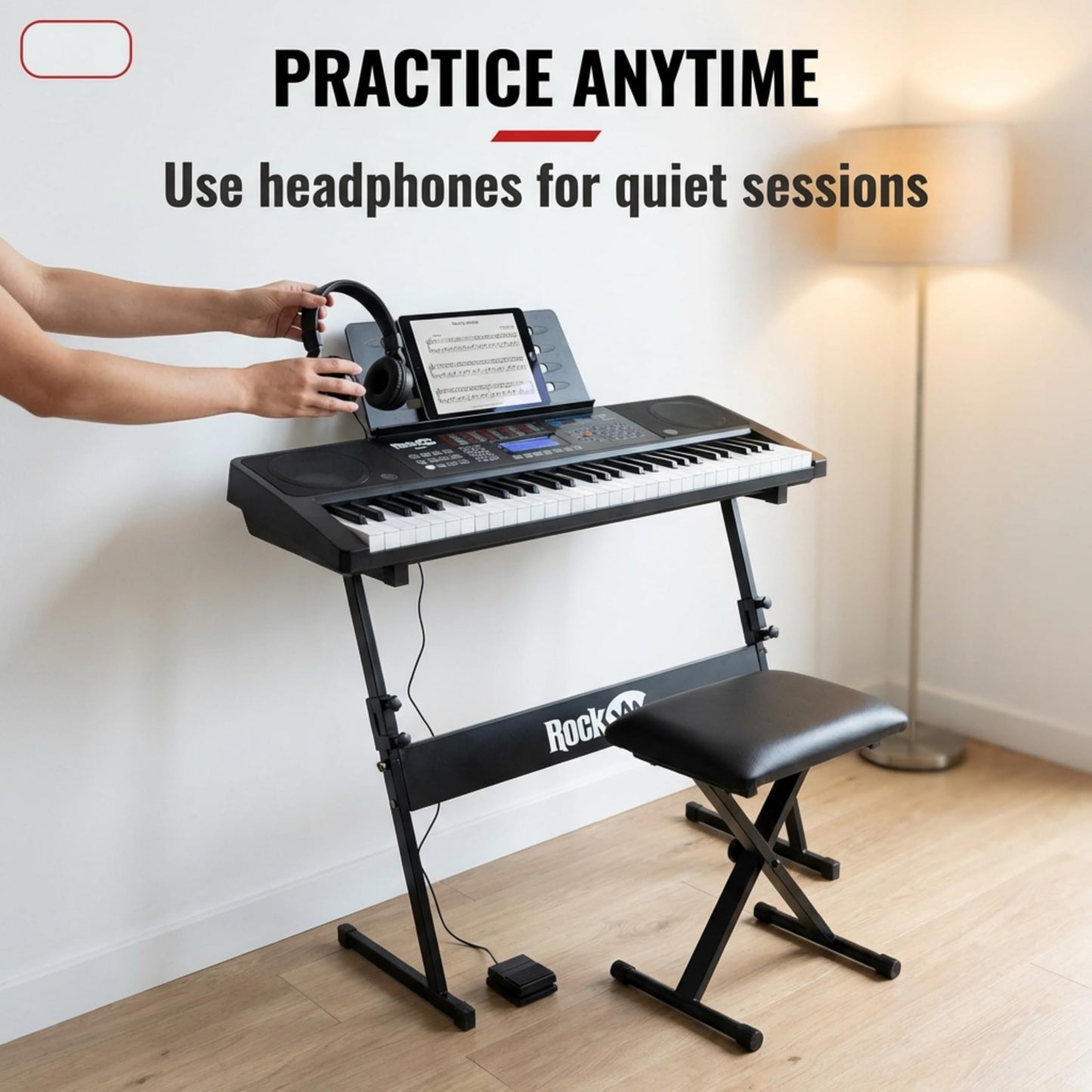 RockJam 61 key keyboard piano kit with bench, stool, sustain pedal, headphones, and beginner lesson materials.