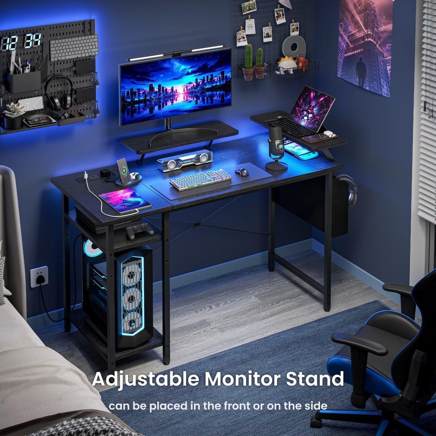 Black DOMSHOCT gaming desk with LED lights, power outlets, storage shelves, and a reversible corner design for home office use.