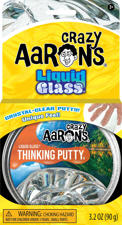Crazy Aaron's Thinking Putty Liquid Glass in 4-inch tin, see-through stress relief therapy toy for kids and adults, never dries out.