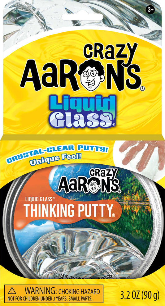 Crazy Aaron's Thinking Putty Liquid Glass in 4-inch tin, see-through stress relief therapy toy for kids and adults, never dries out.