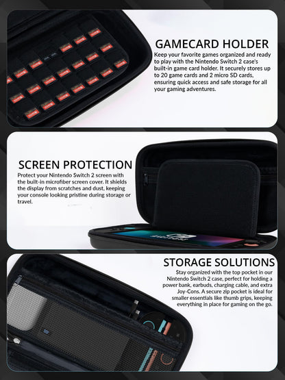 Orzly Nintendo Switch 2 travel case with screen padding, game card slots, microSD storage, zipped pockets, and handle for console accessories.