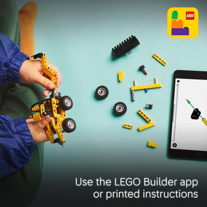 LEGO Technic Backhoe Loader construction vehicle toy with back digger, scoop, and outriggers for creative building fun.