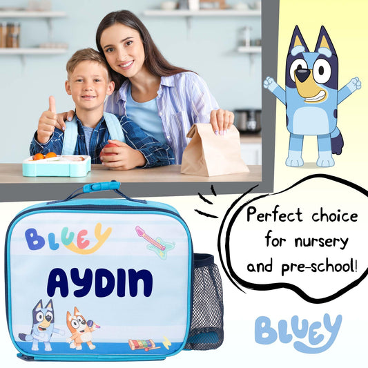 Bluey - Personalised Kids Lunch Bag - Insulated Kids Snack Bag for Boys and Girls for Nursery & School - Name Customisation (Blue)