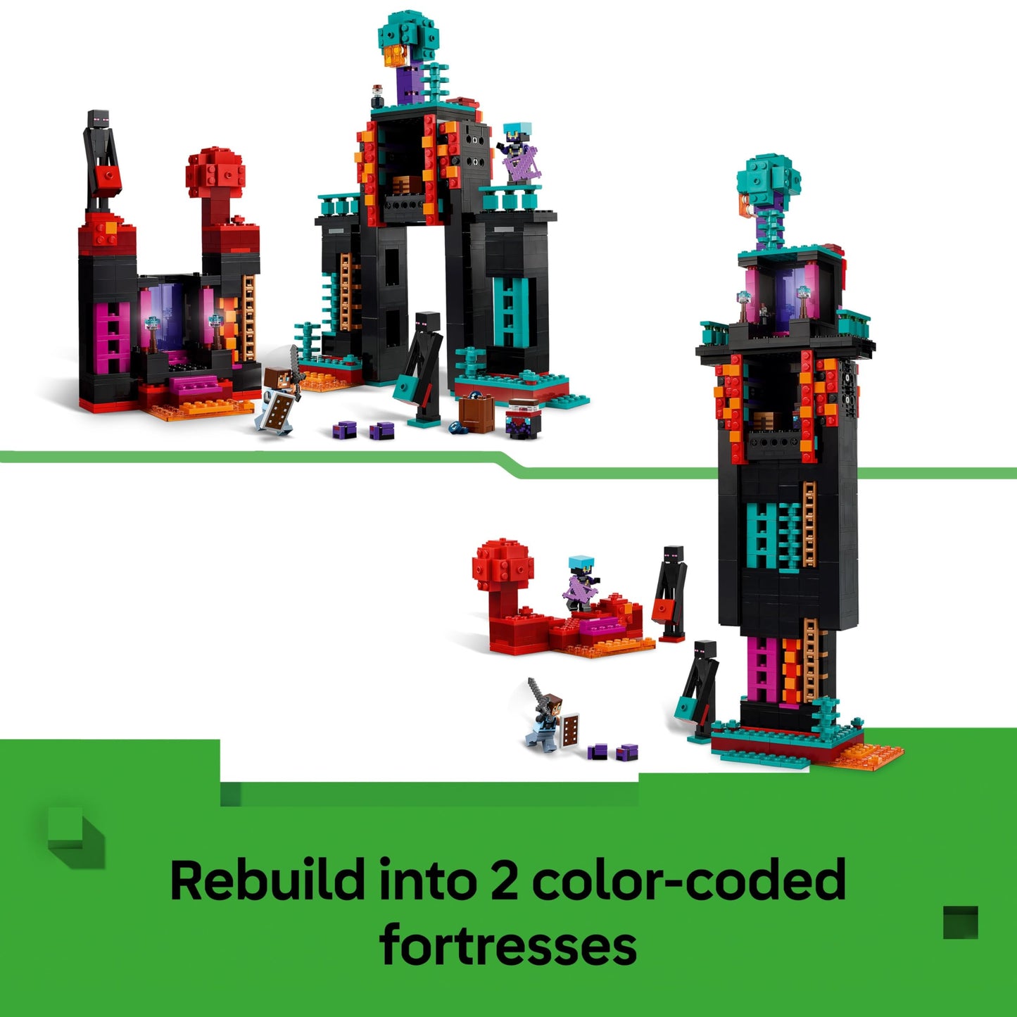 LEGO Minecraft 2in1 The Enderman Tower set with Enderman figures and Nether Portal, showcasing modular fortress builds.