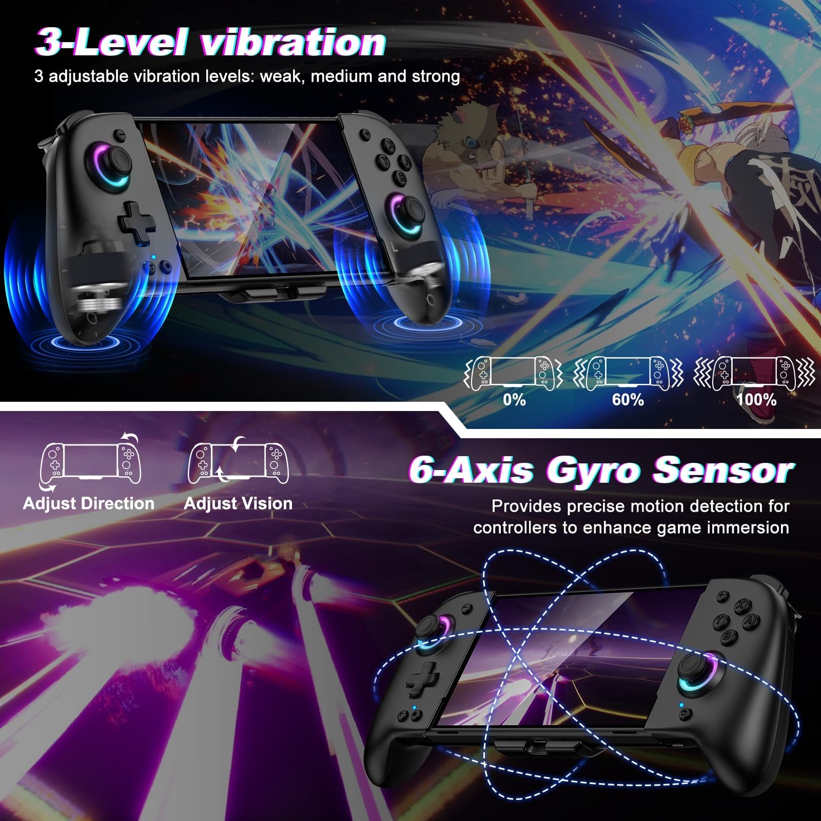 Fanxieast Wireless Switch Pro Controller with ergonomic design, RGB lighting, turbo, vibration, and precise motion control for Nintendo Switch.