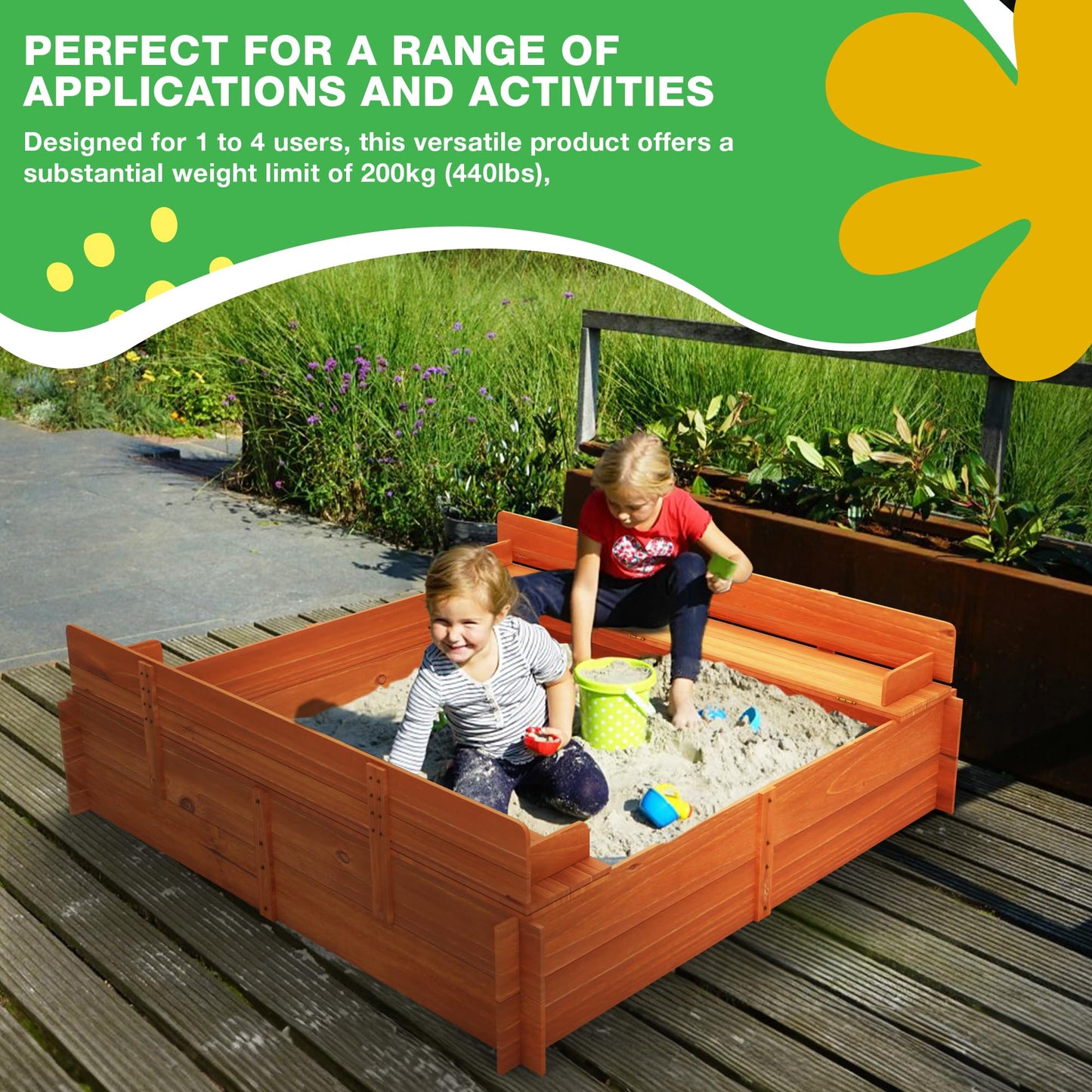 Big Game Hunters Sand Pit | 96 x 96 Square Wooden Sandpit with Lid | Outdoor Sandpit with Fold Out Lid that Becomes Seats for Children | Wooden Kids Toys