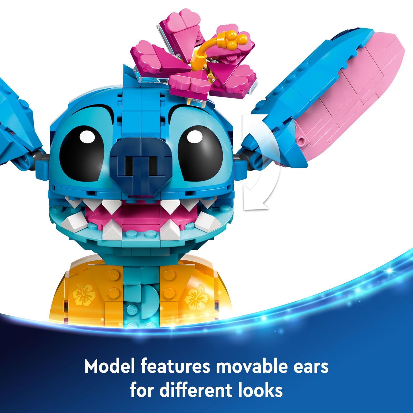 LEGO Disney Stitch toy figure holding an ice-cream cone and flower, perfect for Lilo & Stitch fans aged 9 and up.