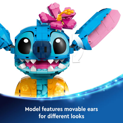 LEGO Disney Stitch toy figure holding an ice-cream cone and flower, perfect for Lilo & Stitch fans aged 9 and up.