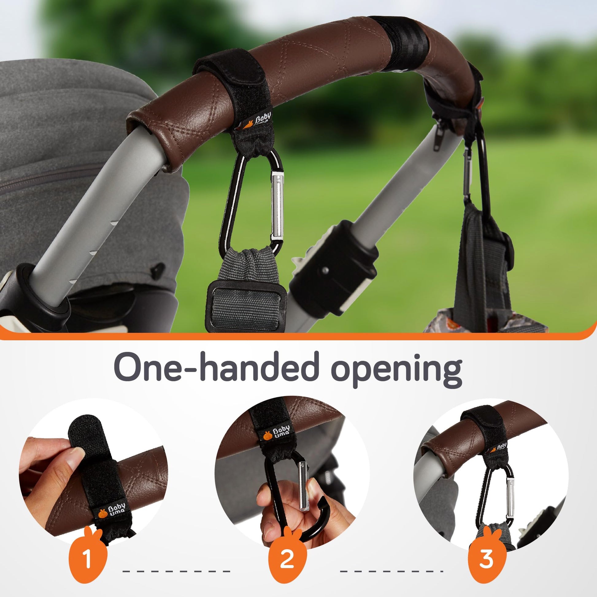 Baby Uma Baby Uma Buggy Clips attached to pram, showing non-slip design and sturdy build for secure stroller accessories.