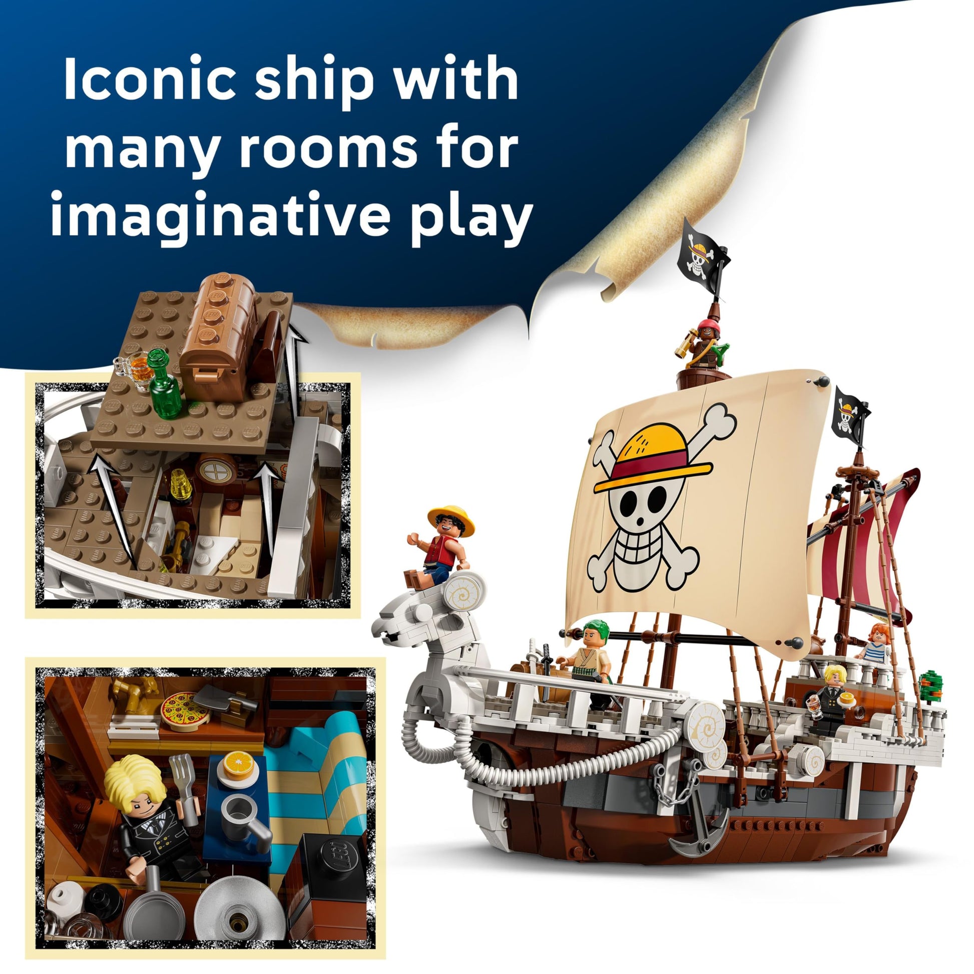 LEGO ONE PIECE The Going Merry pirate ship model with minifigures of Luffy, Zoro, and Nami for display and play.