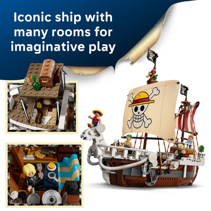 LEGO ONE PIECE The Going Merry pirate ship model with minifigures of Luffy, Zoro, and Nami for display and play.