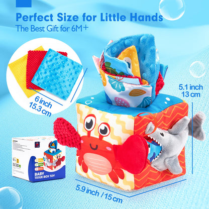 hahaland Baby Tissue Box Toy, Baby Toys 6 Months+ Montessori Toys for 6 Month Old with Textured Tails, Cloth Tissues, Crinkle, Squeaky Sounds, Mirror - Christmas Stocking Stuffers Sensory Toy