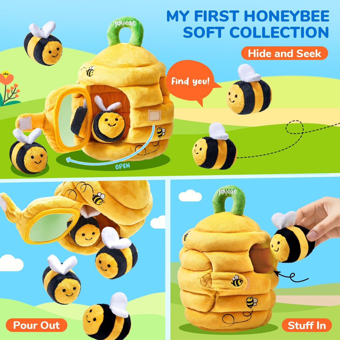 JoyCat Baby Toys 6-12 Months - Soft Baby Beehive with 5 Sensory Bees - Rattle, Crinkle Paper, Squeaker, Mirror, Busy Montessori Sensory Toys for Toddlers 0-3 Years Old - Gifts for Babies