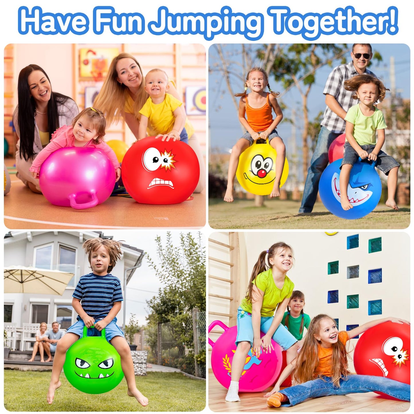 Hymaz Space Hopper for Kids Age 3-12, 3PCS Bouncy Ball 18 Inch with Handle, Inflatable Jumping Hopper Balls for Kids Outdoor Garden Party Games, Ride on Spin Toys Balance Exercise Fun
