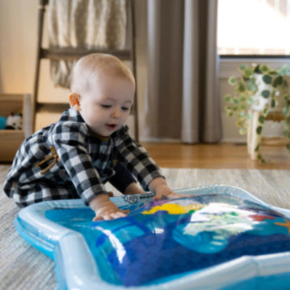 Baby Einstein Tummy Time Water Play Mat with ocean-themed sensory toys for infants and newborns, featuring colorful underwater designs.