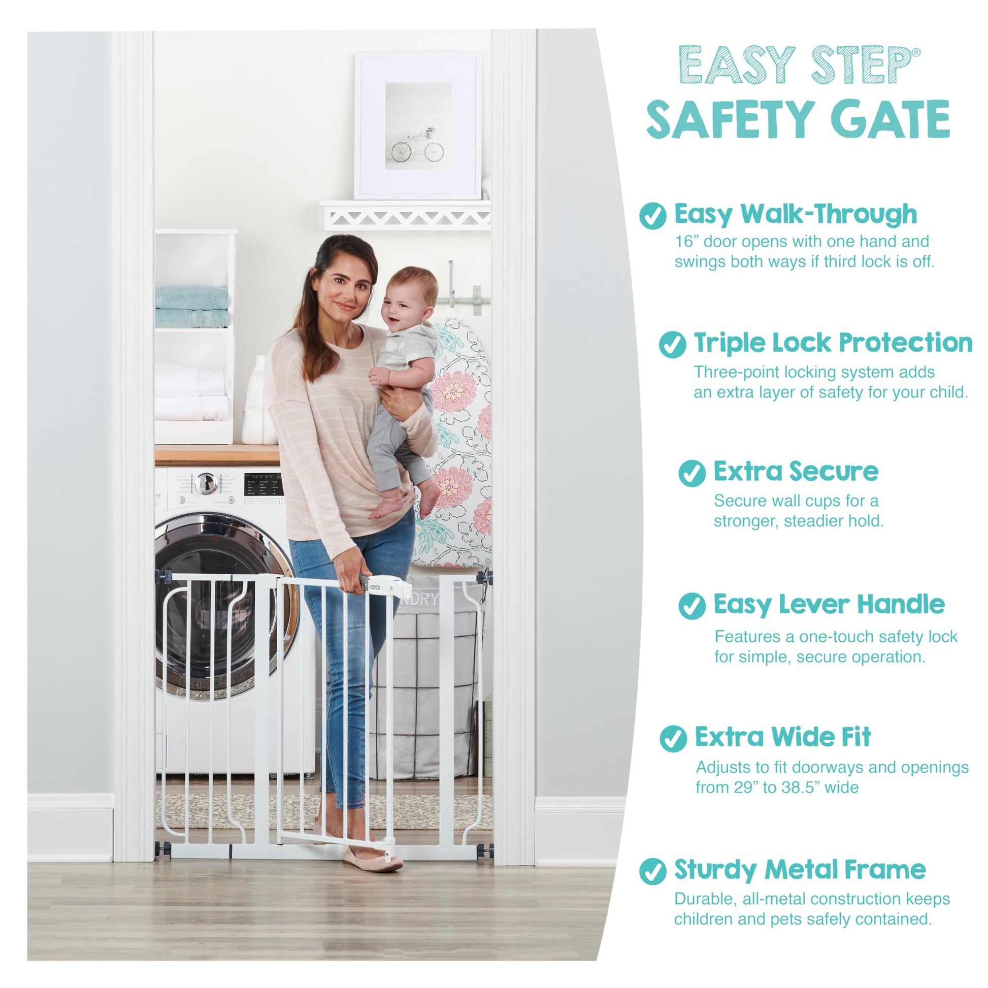 Regalo Easy Step Walk Thru baby safety gate with pressure mounts and extension kit, featuring a secure gate and extension bar.