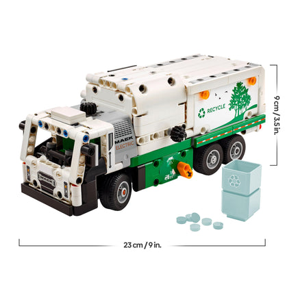 LEGO Technic Mack LR Electric Garbage Truck toy with recycling bin, showcasing realistic features and detailed design.