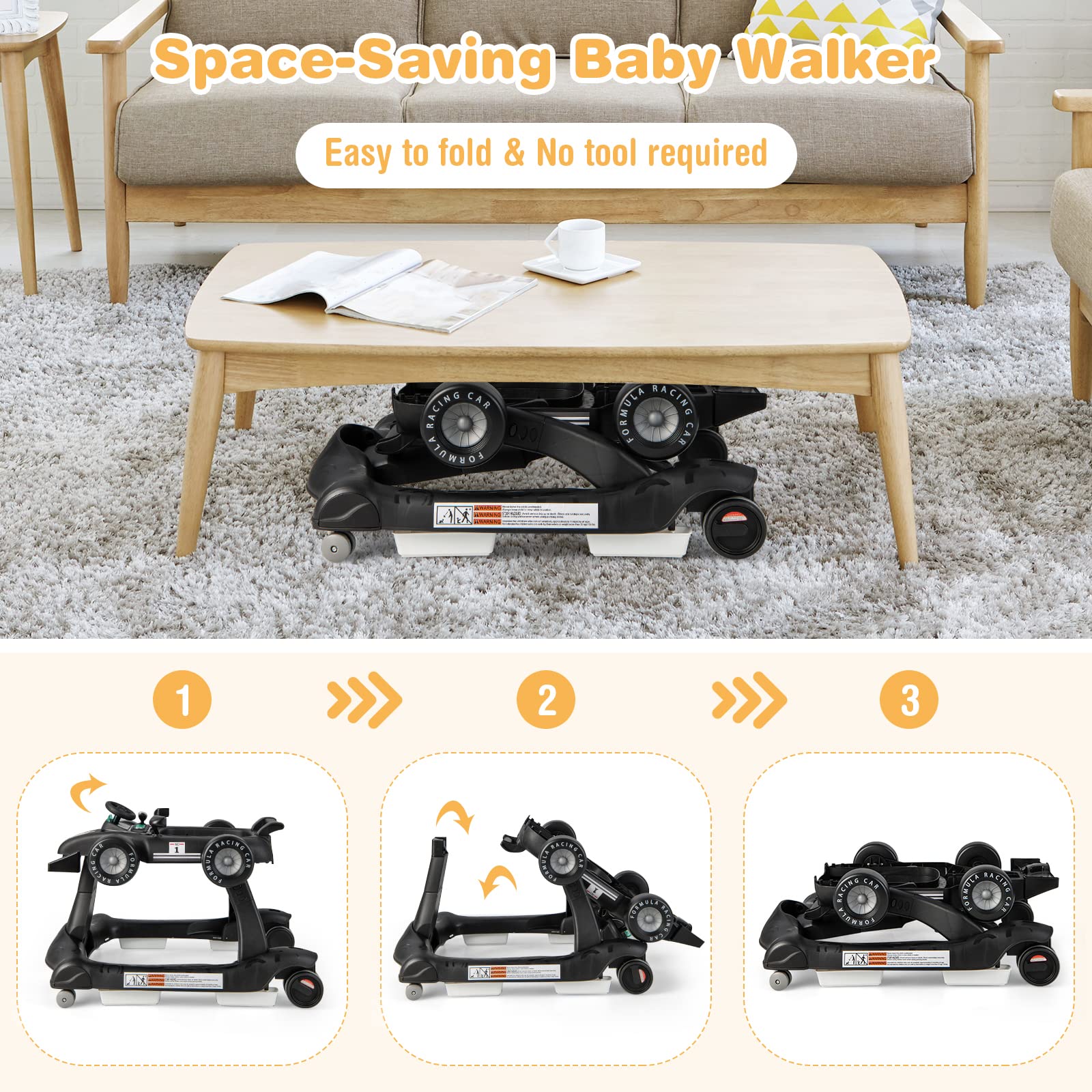 COSTWAY 4-in-1 baby walker with foldable design, adjustable height and speed, music, lights, steering wheel for toddlers ages 6-18 months
