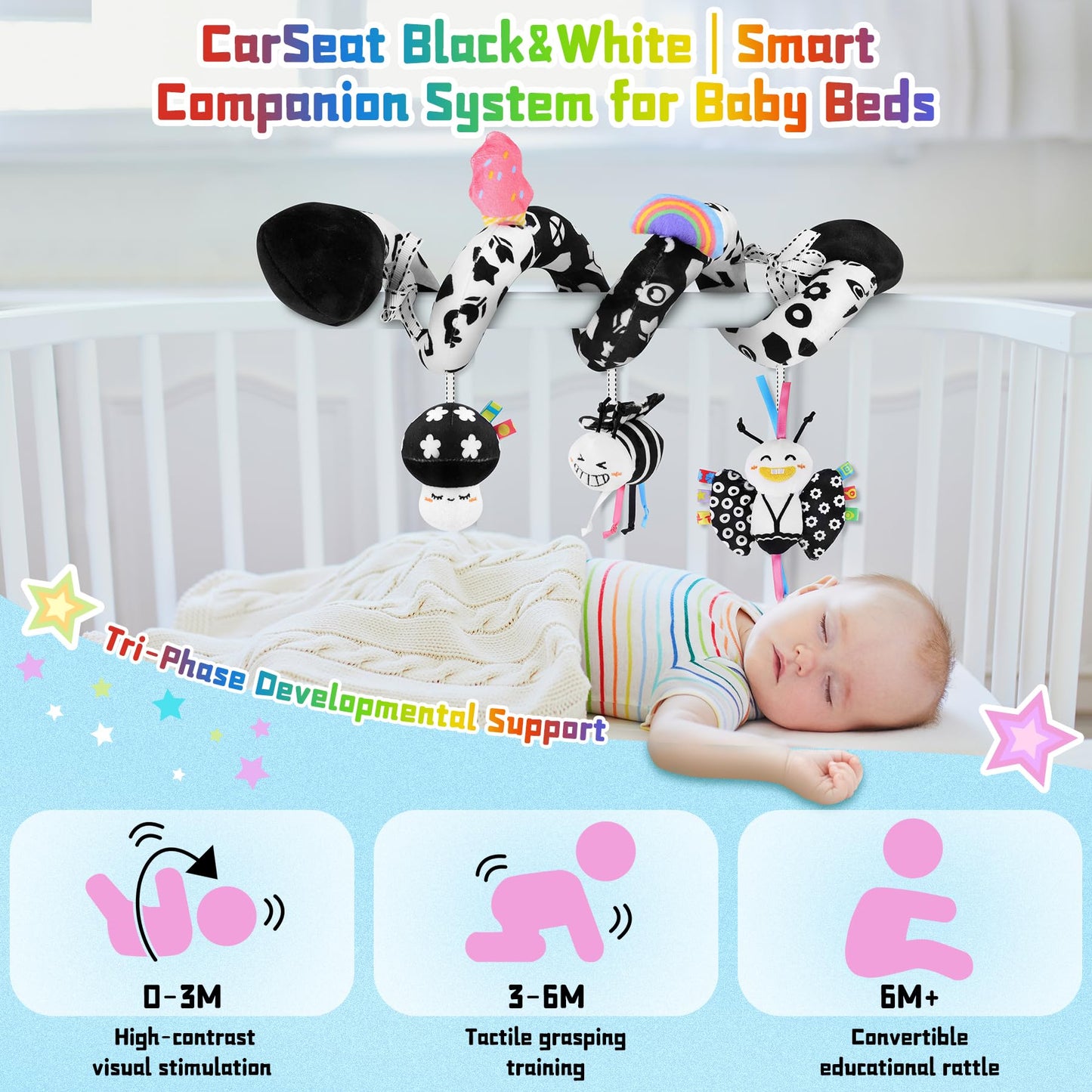 Zendstanding Spiral Car Seat Toys for Babies, 0-6 Months Stroller Pram Activity Hanging Toys High Contrast Black and White Sensory Toy, Newborn Soft Plush Travel Toy for Boys Girls