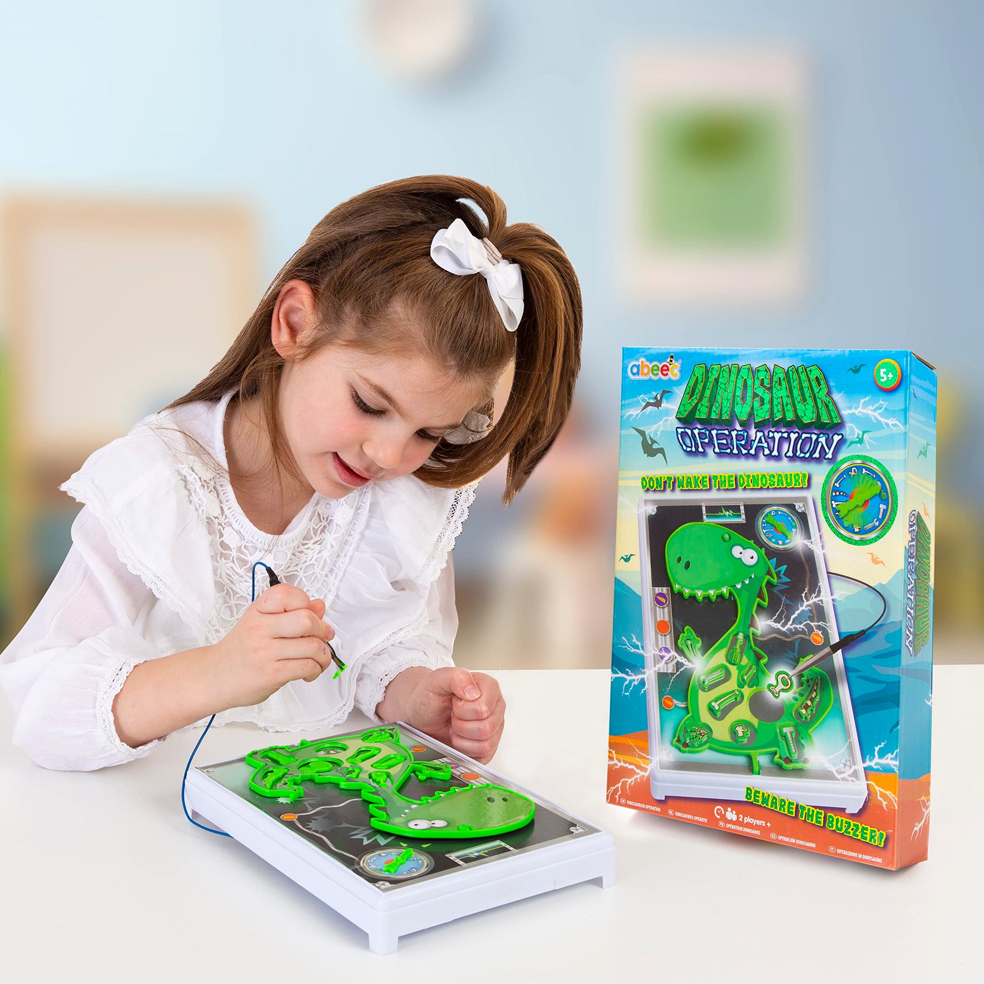 abeec Dinosaur Operation game for kids showing a dinosaur-themed board game with removable body parts and a buzzer for children 6+