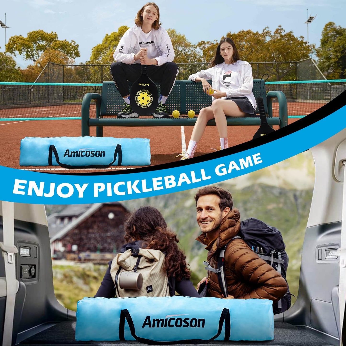 Amicoson pickleball set with 22ft net, 4 wooden paddles, 8 pickleballs, carrying bag, court tape, and measuring tape on black net