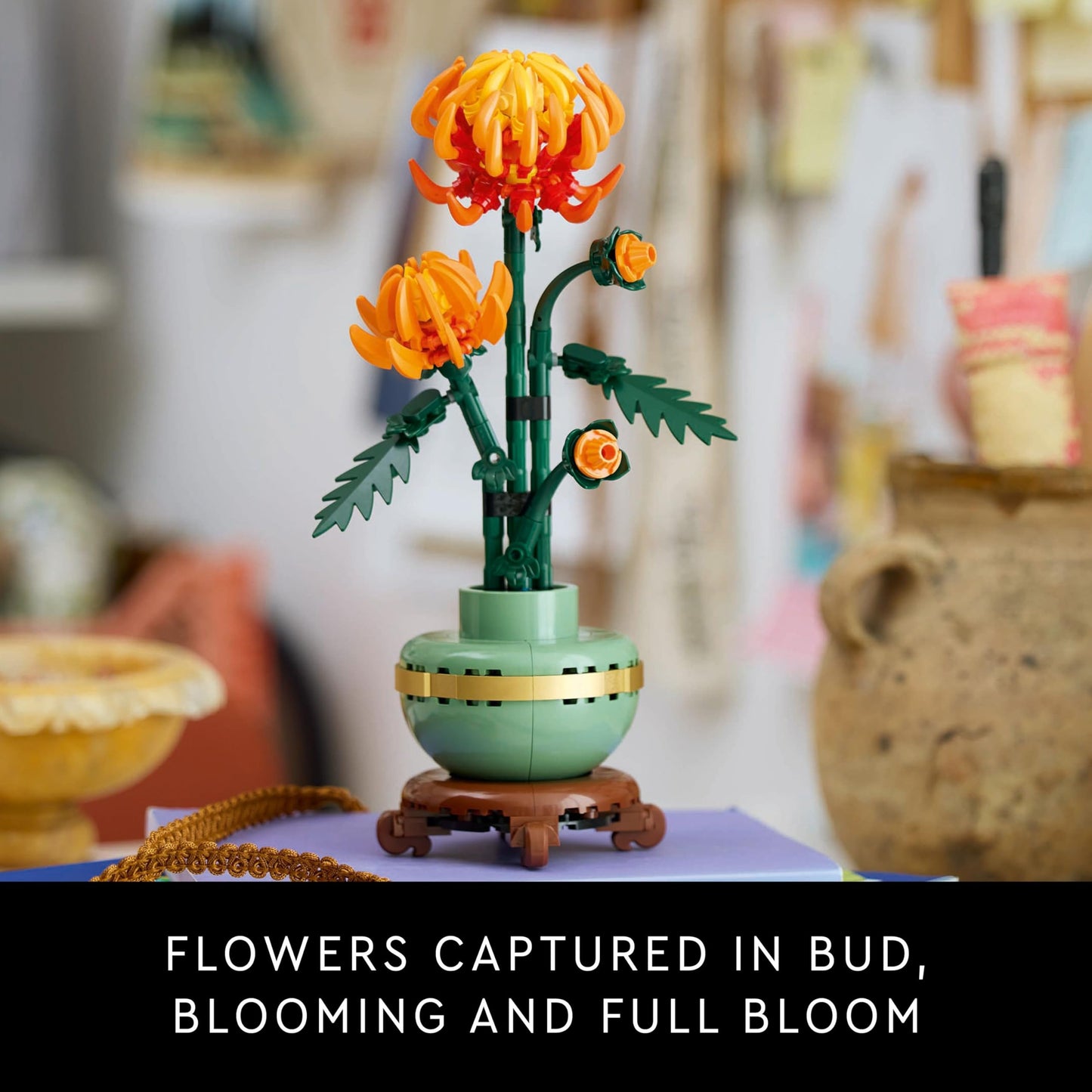 LEGO Botanicals Chrysanthemum building set featuring detailed artificial flowers for home or office decor.