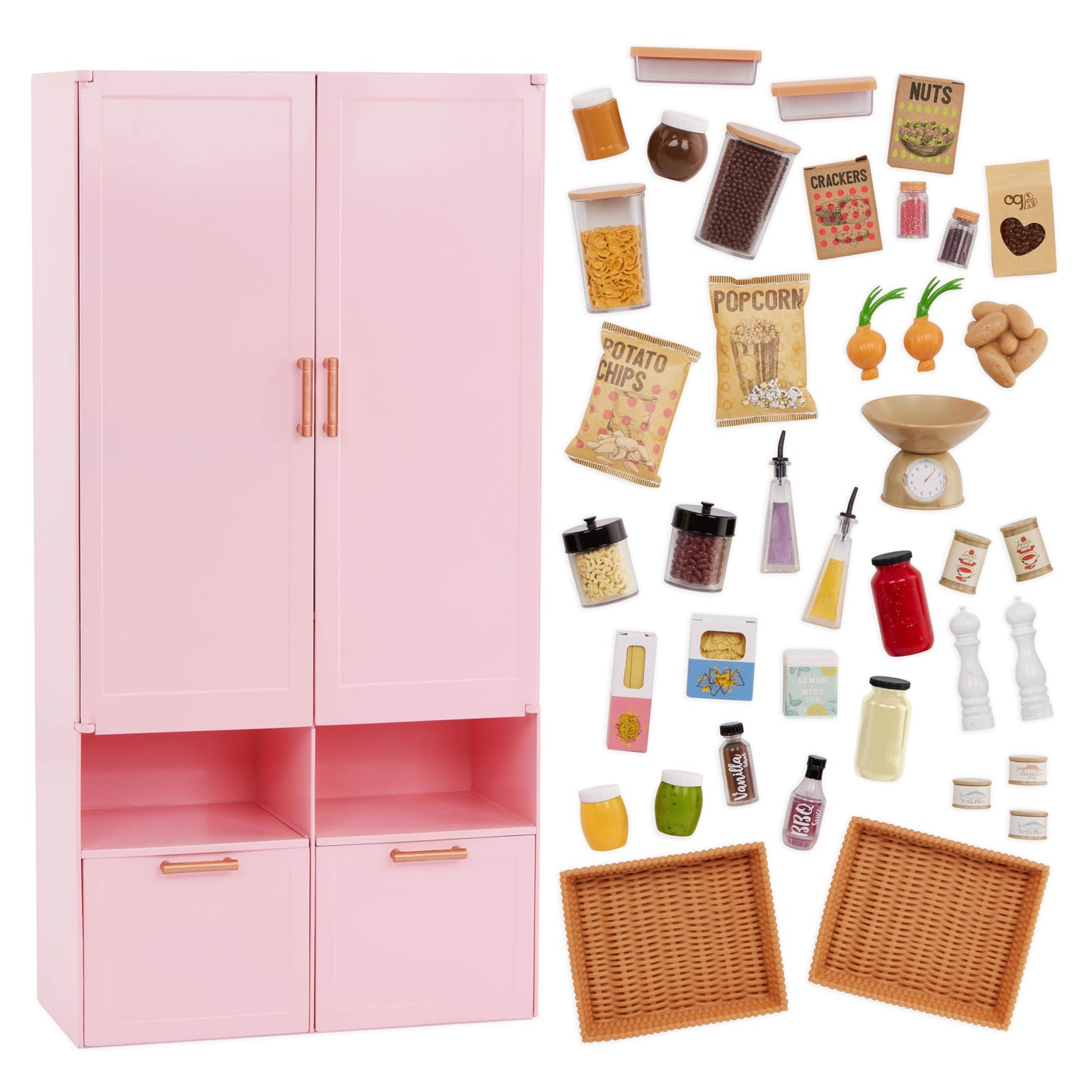 Our Generation Pretty Pantry set featuring a pink cupboard and food accessories for 18-inch dolls in pretend play.