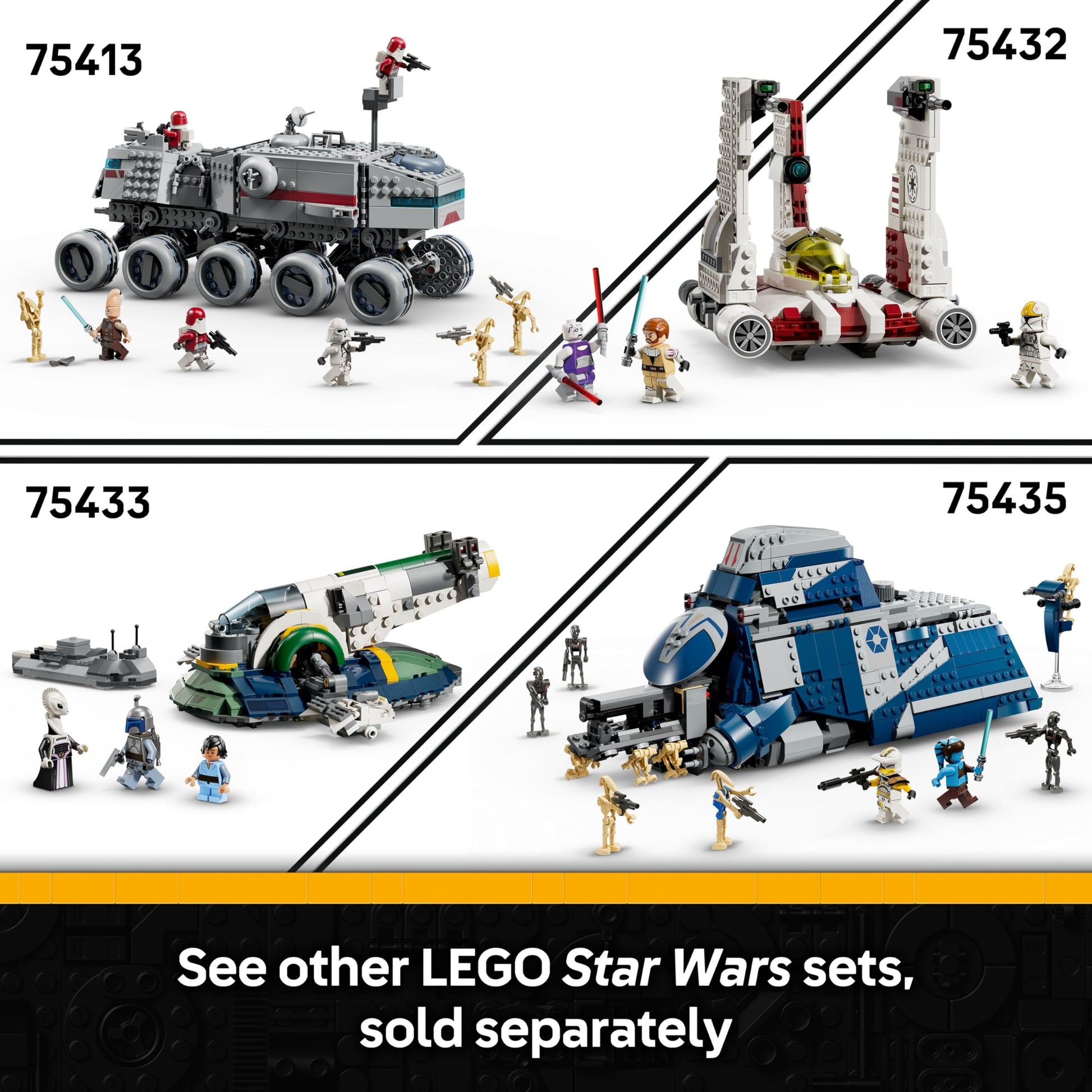LEGO Star Wars 75431 327th Star Corps Clone Troopers Battle Pack with minifigures and battle droids on display.