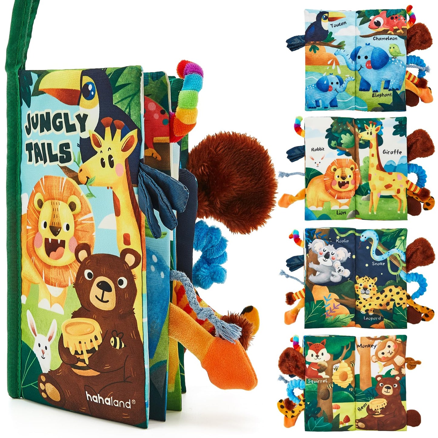 Soft sensory jungle tails baby book by hahaland, featuring crinkle paper and touch-and-feel elements for infants.