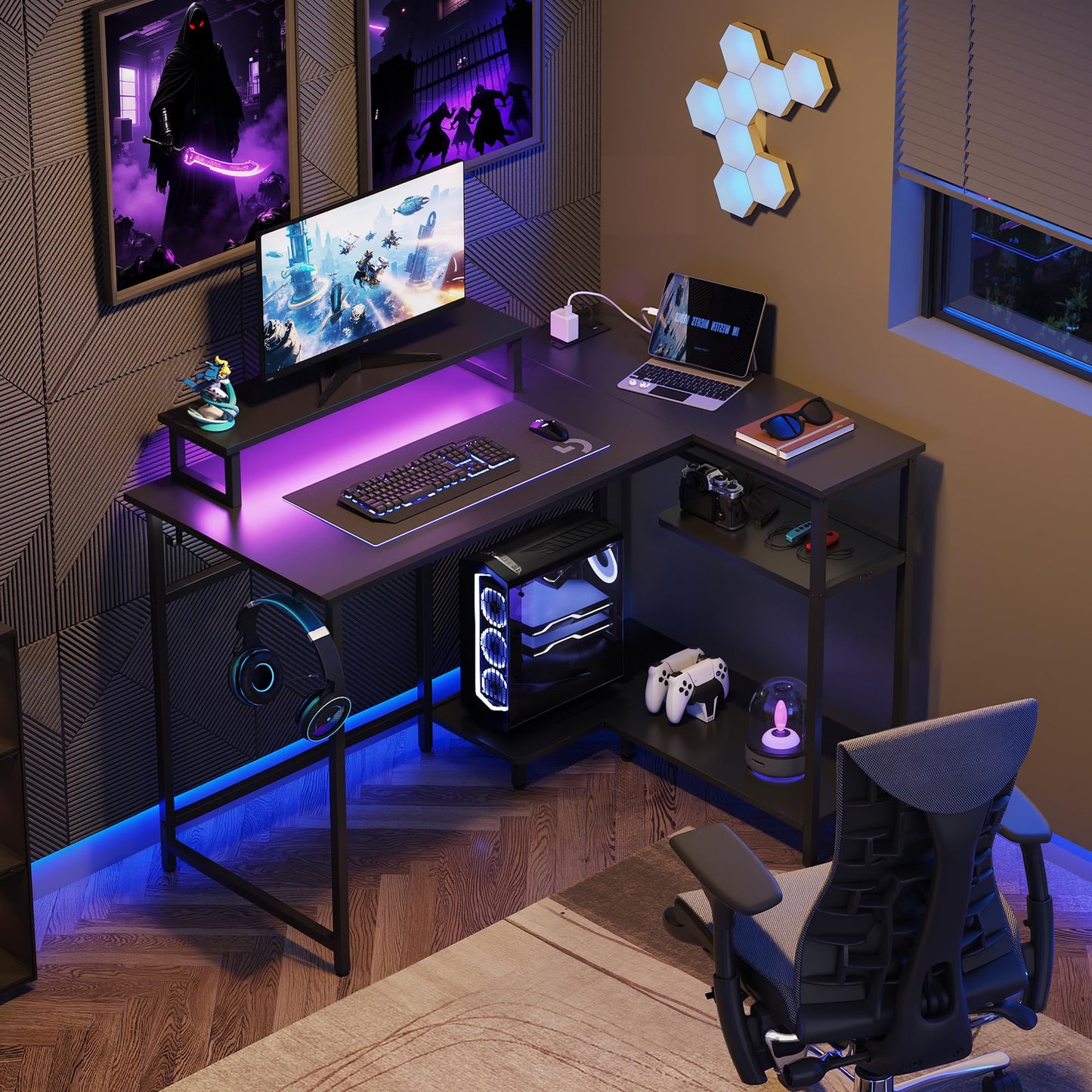 DEVAISE L-shaped gaming desk in black with RGB LED lights, monitor stand, hook, and storage shelf for home office or gaming setup