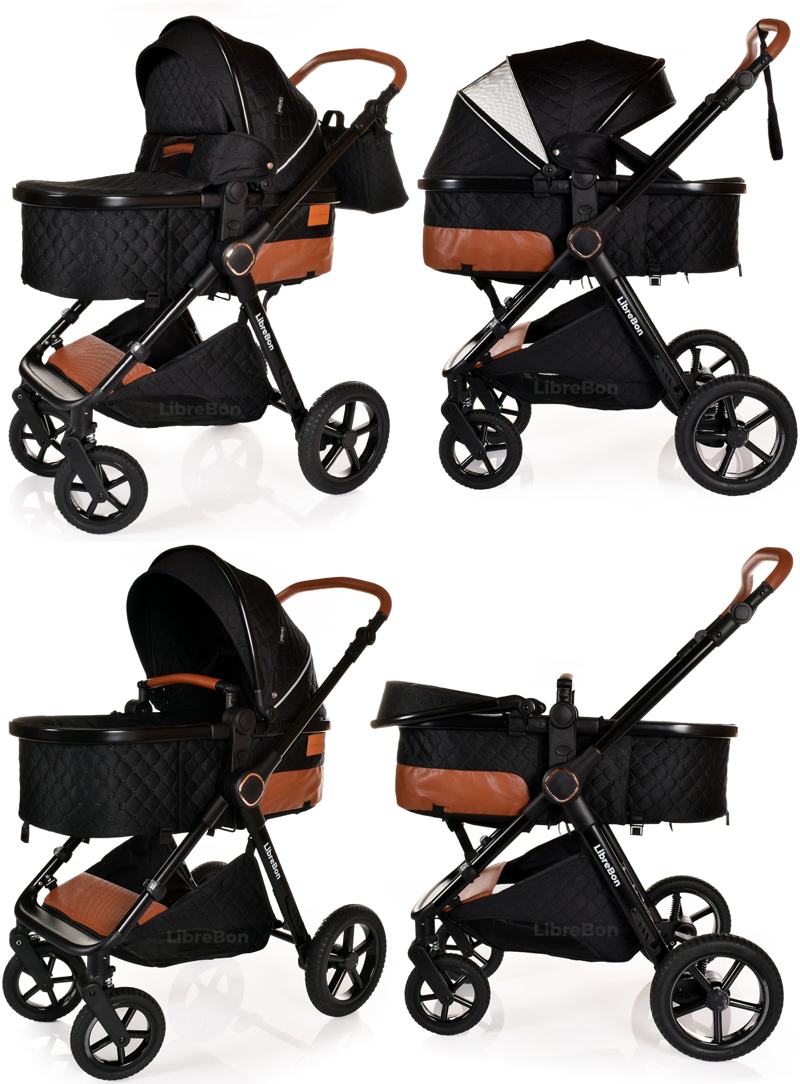 Boneelook 3-in-1 baby buggy pram and stroller with lightweight aluminum frame, black color, suitable for newborns and toddlers.