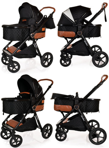 Boneelook 3-in-1 baby buggy pram and stroller with lightweight aluminum frame, black color, suitable for newborns and toddlers.