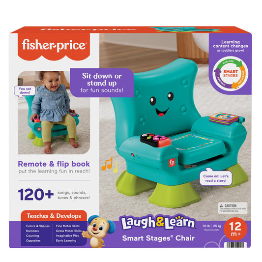Fisher-Price Laugh & Learn Smart Stages Chair for babies and toddlers, featuring colorful interactive design in English, French, and German.