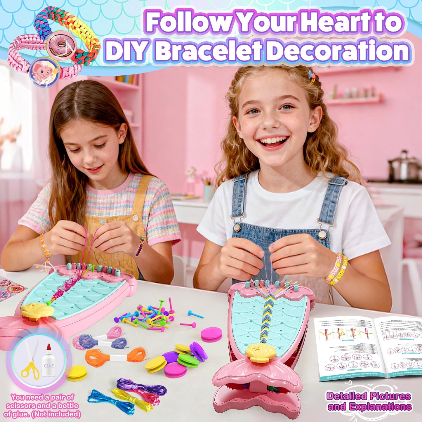 Euclidean Cube Bracelet Making Kit for Girls, 2 in 1 Fishtail Shape DIY Jewellery Making Kit, Arts and Crafts for Kids Age 6-12, Birthday Christmas Gifts for 6 7 8 9 10 11 12 Years Old Girls (Pink)