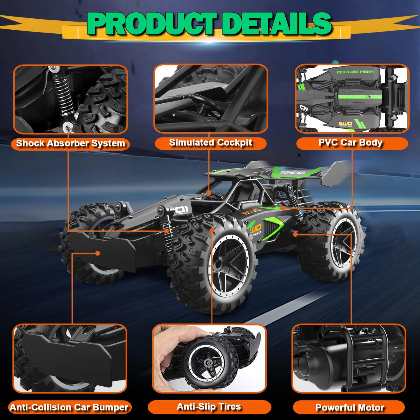 SZJJX Remote Control Cars – 2.4GHz High-Speed RC Car for Kids, 15KM/H+ 2WD Off-Road Car with 2 Rechargeable Batteries, Electric Remote Control Truck Toy for Boys & Girls Gifts (Green)