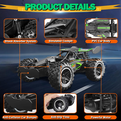 SZJJX Remote Control Cars – 2.4GHz High-Speed RC Car for Kids, 15KM/H+ 2WD Off-Road Car with 2 Rechargeable Batteries, Electric Remote Control Truck Toy for Boys & Girls Gifts (Green)