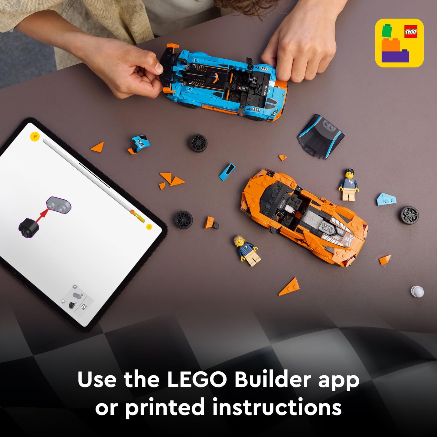 LEGO Speed Champions Lamborghini Revuelto and Huracán STO model kit with two driver minifigures, showcasing detailed race cars.