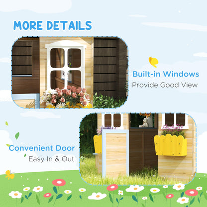 Outsunny wooden kids' playhouse with blue exterior, featuring picnic bench, windows, door, flower pot, and pretend play accessories.