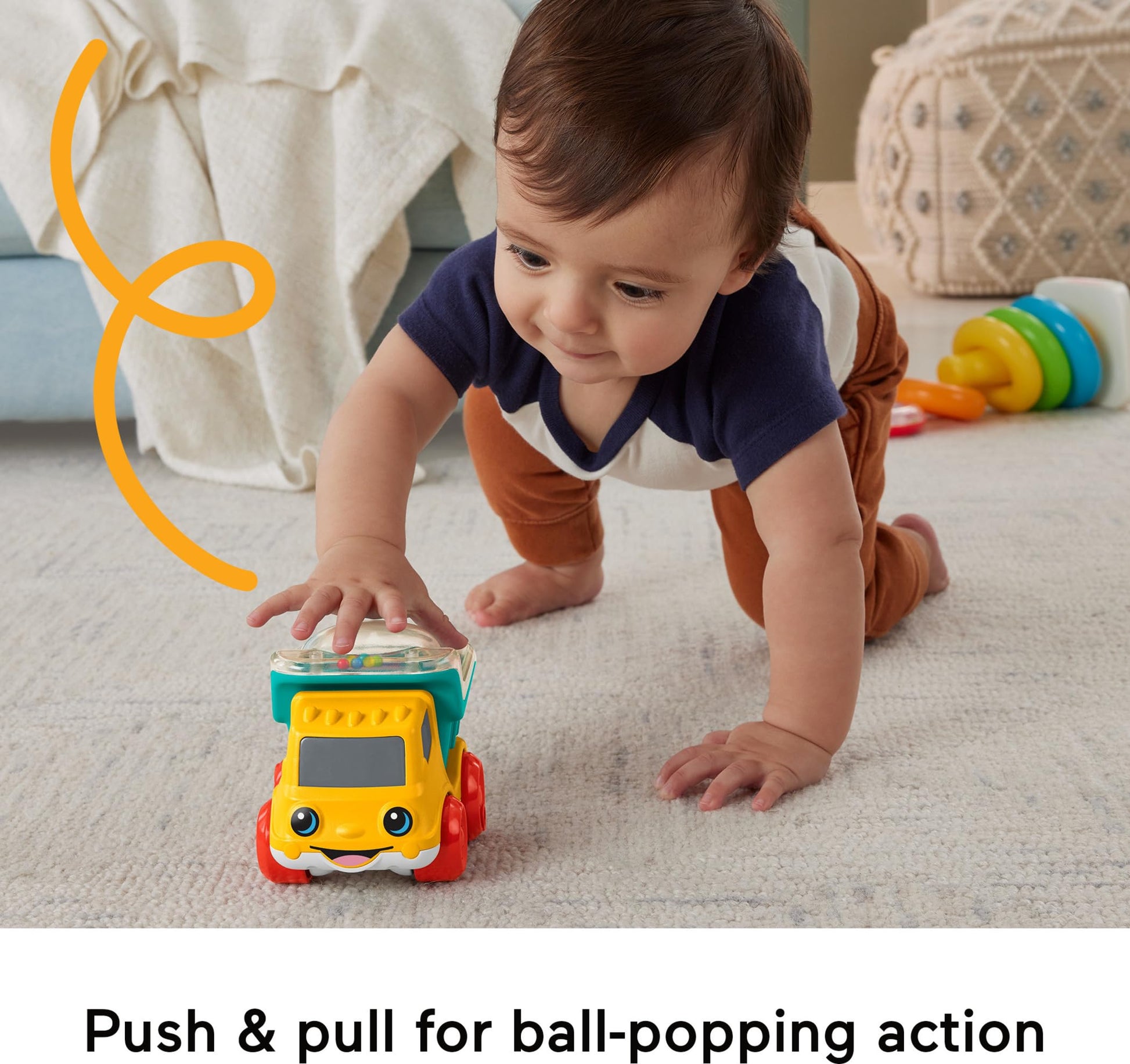 Fisher-Price Poppity Pop Dump Truck toy with colorful buttons and moving parts, designed for young children’s play and learning.