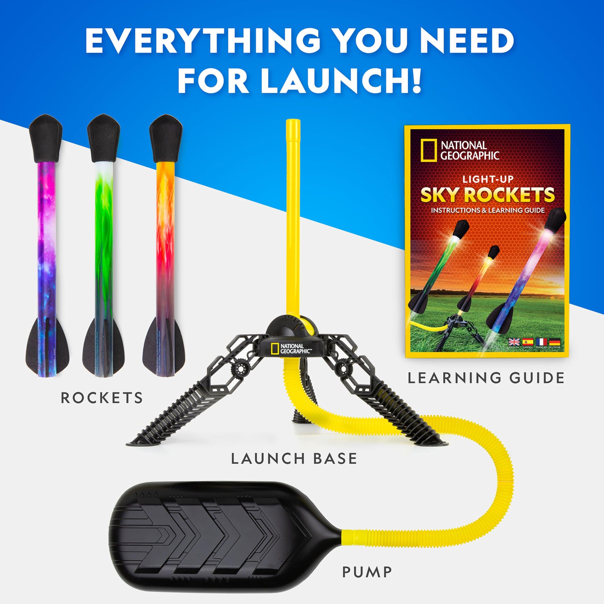 Blue Marble National Geographic air rocket launcher toy with LED foam rockets ready for outdoor launch, designed for kids' STEM play.