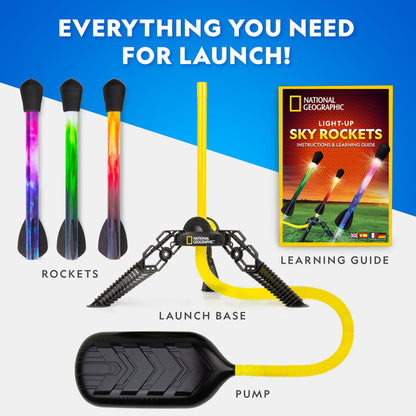 Blue Marble National Geographic air rocket launcher toy with LED foam rockets ready for outdoor launch, designed for kids' STEM play.