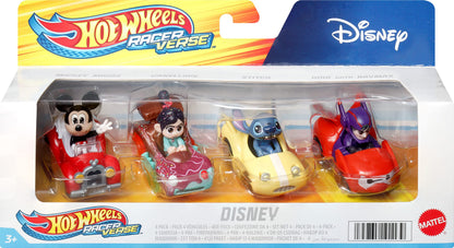 Hot Wheels RacerVerse, Set of 4 Die-Cast Disney Toy Cars Optimized for Hot Wheels Track with Popular Disney Characters as Drivers, HKD31