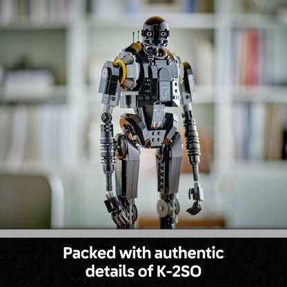 LEGO Star Wars 75434 K-2SO Security Droid figure posed with information plaque, showcasing intricate details and articulation.