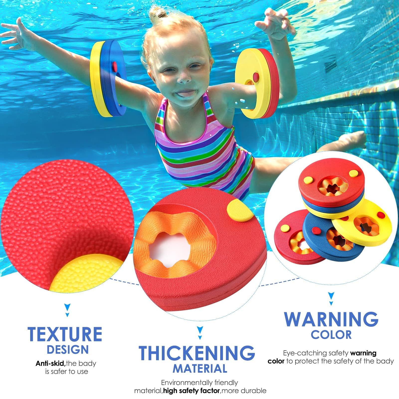 HOTENEAIRE swimming float discs set for kids, featuring colorful EVA foam swim arm bands for added safety in water.