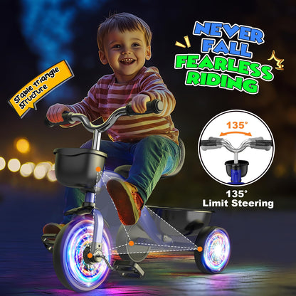HappyGoLucky Tricycles Toys for 2-5 Year Old Boys Gifts, Kids Balance Bike 2-5 Year Old with 3 Colorful Lighting Wheels & Adjustable Seat, Baby Cycle Trikes Bike Boys Toys Age 2-5 Christmas Xmas Gifts