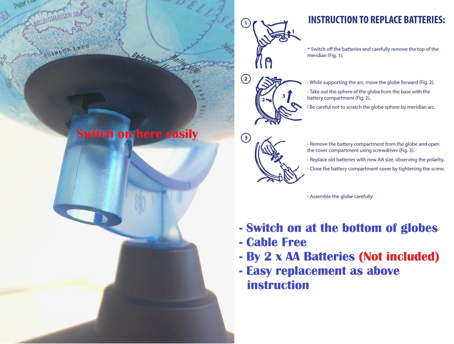Exerz 21cm illuminated globe showing colorful physical map and constellation stars with a swivel base, lit up for nighttime viewing.